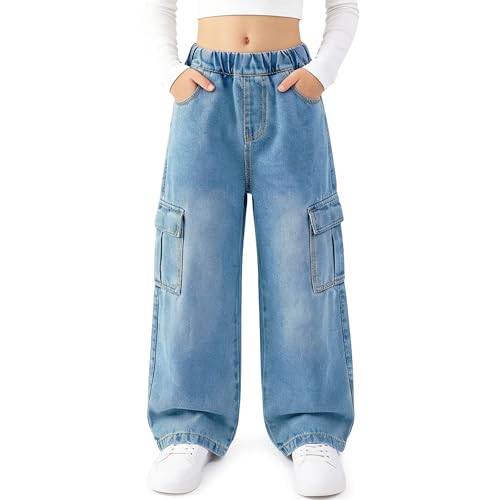 Keyck Baggy cargojeans för flickor, vida ben, denimbyxor, cargobyxor, elastisk midja, breda ben, streetwear med fickor, jeans, tonåringar, lös passform, långa jeansbyxor för 7–15 år, Ljusblå, 164-170