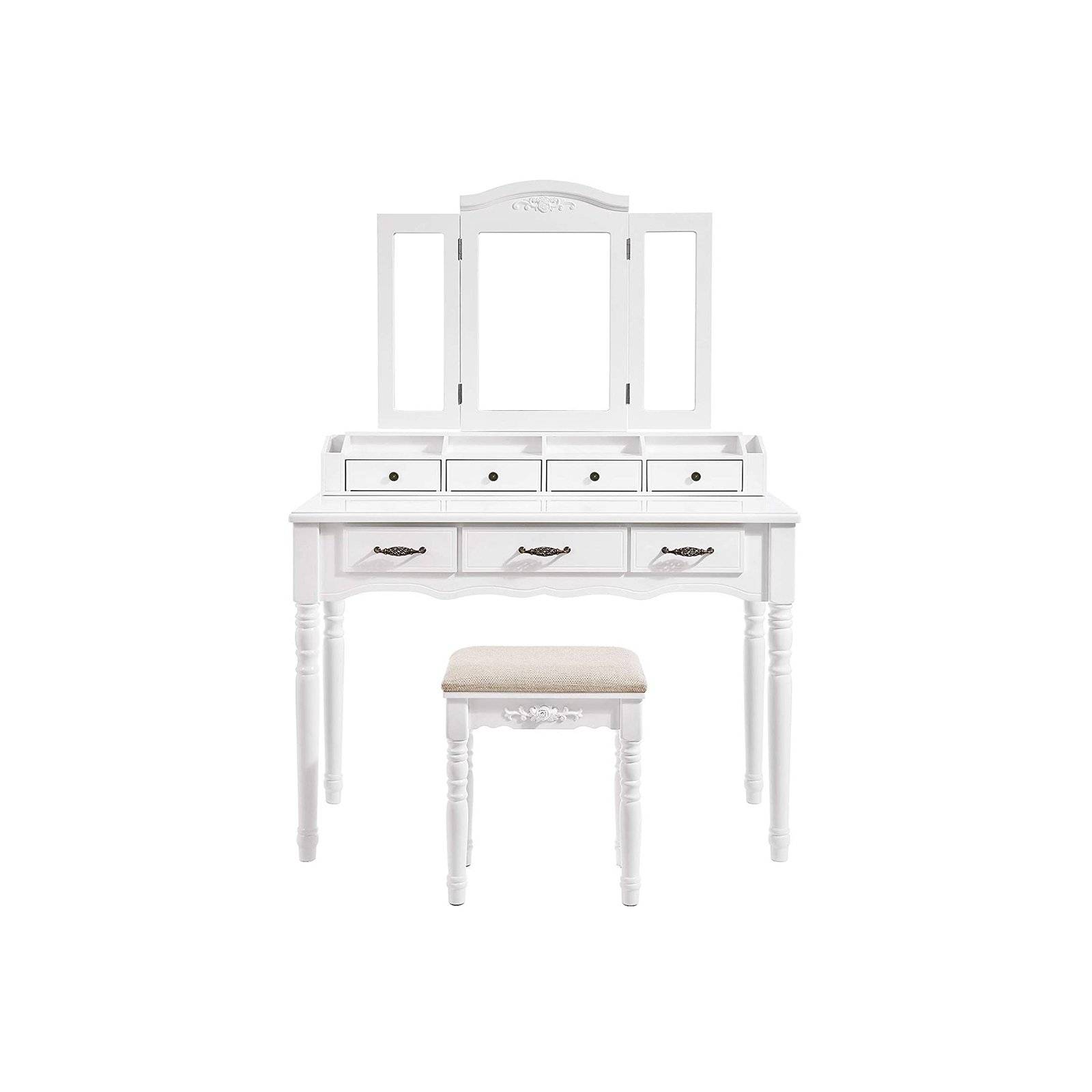 VASAGLE Dressing Table with 5 Drawers, Makeup Desk with 1 Stool, Frameless Tri-Fold Mirror, 1 Removable Cosmetic Storage Box, Vanity Set, Easy to Asse.