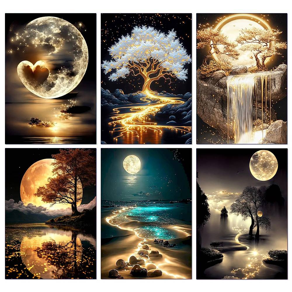 5D Diamond Embroidery Moon Tree Landscape Suitable for Beginners Diamond Mosaic DIY Painting Picture Rhinestones Home Decoration