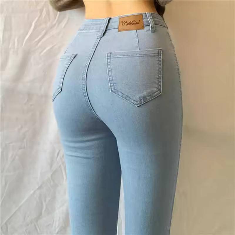 Vår Höst Hög Midja Plus Size Jeans för Kvinnor Tight Passform Stussförbättrande Pennbyxor Ljusblå Casual Långa Byxor cm ljusblå färg