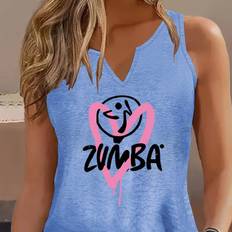 TEMU Women's Zumba Graphic Tank Top - Light Blue V-neck Sleeveless Shirt With Pink Heart & Dancing Figure Design, Casual Summer Apparel,