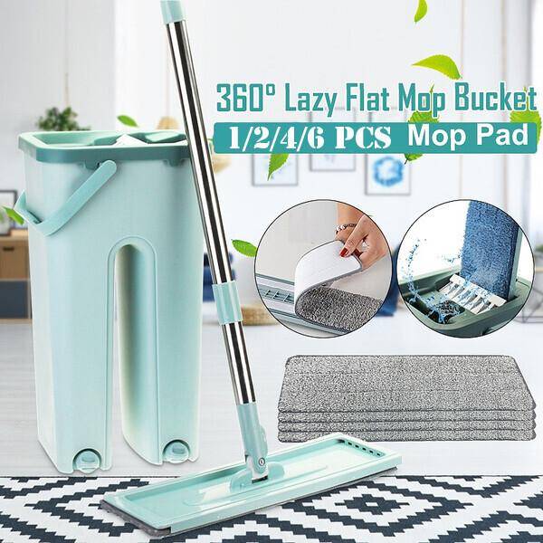 2 Färger 360° rotation Lazy Flat Squeeze Mopp Hink med 1/2/4/6 Pads utbyte eller ENDAST 10 mikrofiberkuddar Handsfree Golvrengöring Moppdynor Verktyg