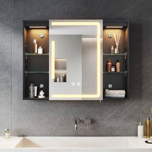 SONNI Spegelskåp badrum med belysning och förvaring 80 x 60 cm, LED-spegelskåp med uttag, dimbar, 3 justerbara ljusfärger dimfria badrum väggskåp, medicinskåp matt svart