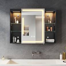 SONNI Spegelskåp badrum med belysning och förvaring 80 x 60 cm, LED-spegelskåp med uttag, dimbar, 3 justerbara ljusfärger dimfria badrum väggskåp, medicinskåp matt svart