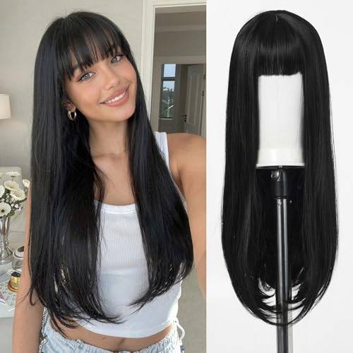 Esmee Långa raka svarta peruker för kvinnor Naturlig syntetisk Layered Hair Brunette Peruk med fransar för daglig fest Cosplay Användning-26 tum