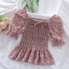 Women's Puff Sleeve Chiffon Shirt Off Shoulder Square Neck T-Shirt Slim Fit Women's Floral Top Womens Blouses S violett