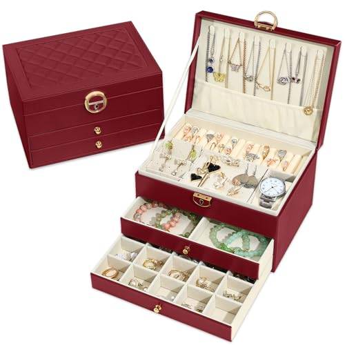Granbest Elegant smyckeskrin i 3 lager med 2 lådor, perfekt för halsband, armband, ringar och örhängen (vinröd)
