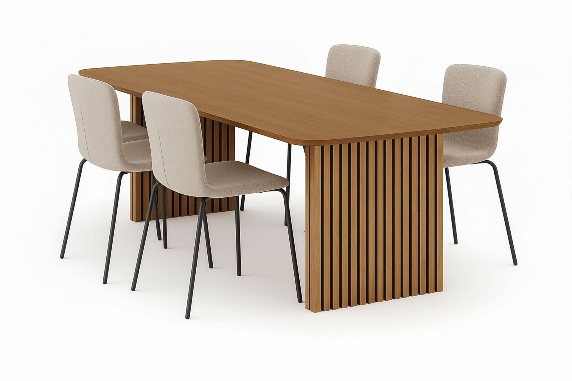 Bark Richeto Matbord 240 cm med 4 Katy Matstolar - Naturlig finish / Greige Bouclé Metallben Svart Matgrupper Natur