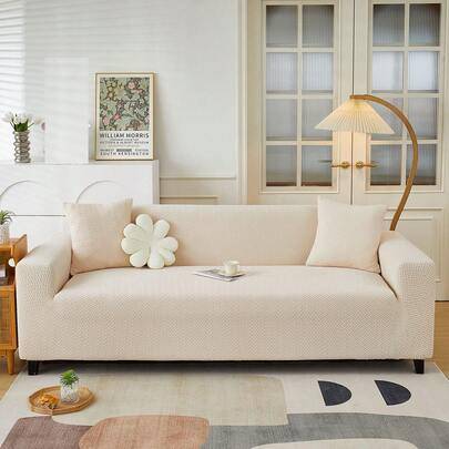 1 st jacquardsofföverdrag, tjock kort lugg, elastiskt och halkfritt soffskydd, universellt för alla säsonger, husdjurssäkert och fläckavvisande, avtag - Beige (Singel Set,2 Sits,3 Sits,4 Sits)