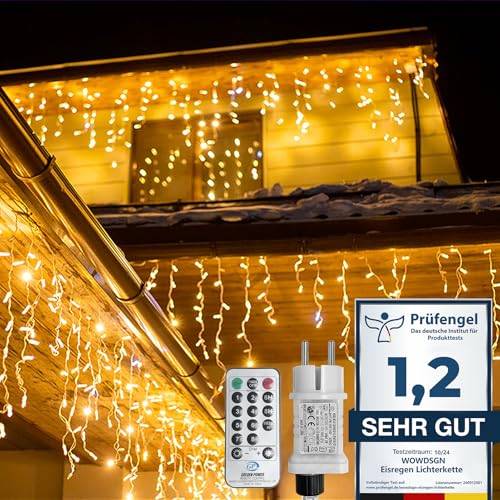 WOWDSGN LED Eisregen Lichterkette Außen, 25M 1100LED Eiszapfen Lichterkette mit Timer 8 Modi IP44 wasserdicht Strombetrieben, Lichtervorhang für Weihnachten Dachkante Dachrinne Terrasse Warmweiß