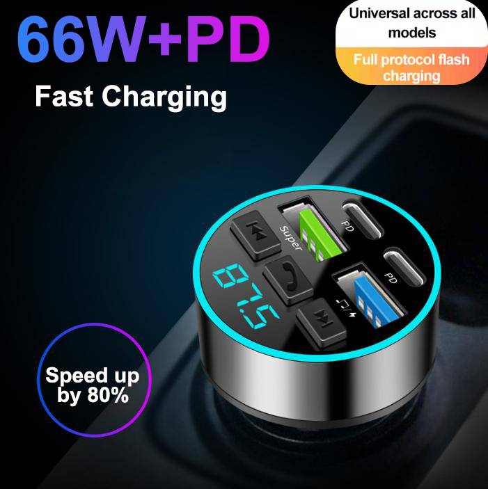 66W Bluetooth 5.0 FM Transmitter Car Phone Charger USB Cigarette Lighter Car Charger MP3 Music Player With Voltage Display