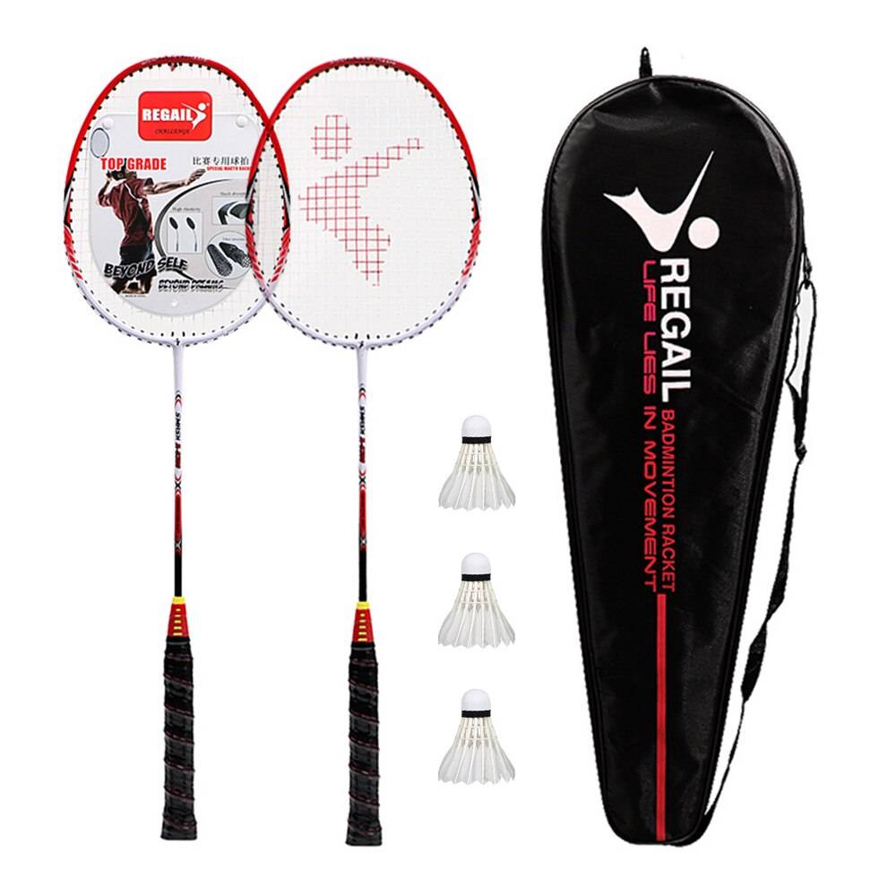 Badmintonracket för 2 spelare med 3 fjäderbollar bärväska och badmintonnät för familjespel - Röd