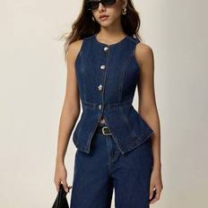 Women's Metal Button Front Hem Slit Waist Tank Top And Long Jeans 2 Pieces Set - Elegant Denim Set, Wide Leg Loose Jeans, Women's High Waist Jeans, FW - Dark Wash - L,M,S,XL,XS,XXS