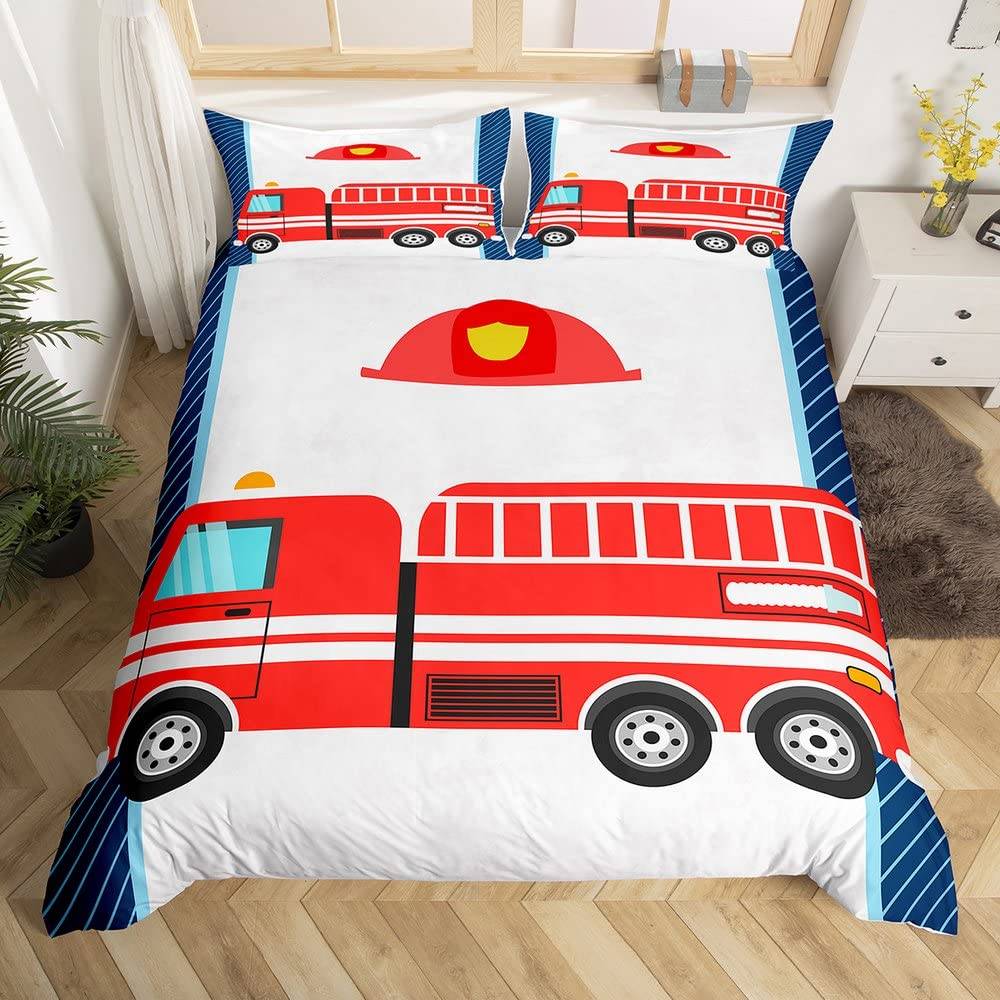 Brandbil Kung Drottning Påslakan Tecknad Polisbil Sängkläder Set för Barn Pojkar Brandman Täcke Överdrag Polyester Täcköverdrag 70x133cm 2pcs