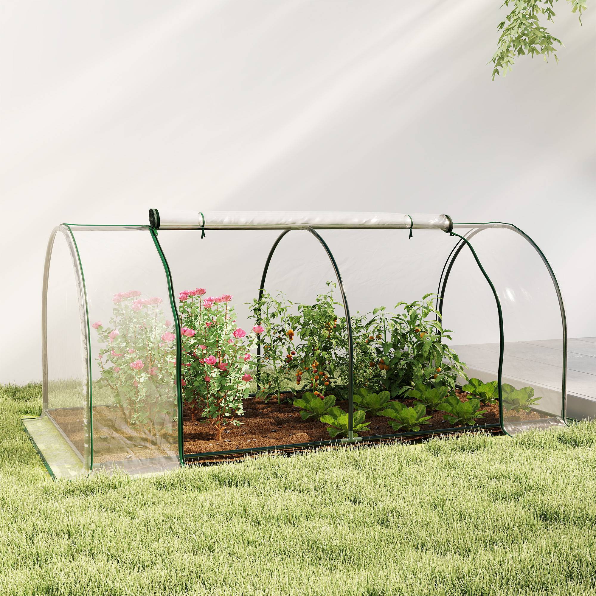 Drivhus, Drivhus med dør, Kold ramme, Plantehus, Plantedyrkning, Stål, Plast, 250 x 100 x 80 cm, Grøn.