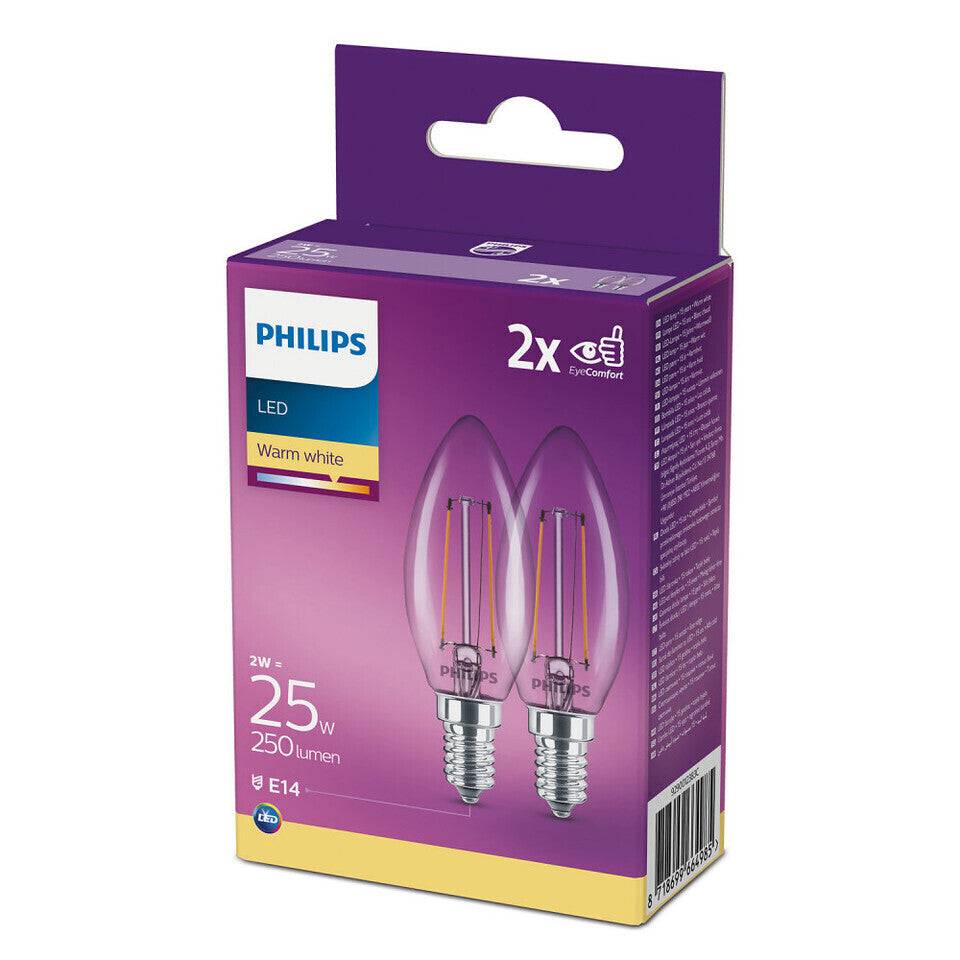 Philips LED Kertepære 2W(25W) 827 250lm. Klar E14 2-Pak