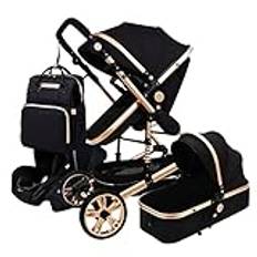 Baby Barnvagn, 3 I 1 Justerbar Högvy Baby Barnvagn Prem Travel System, Nyfödd Pram Buggy Baby Barnvagn Och Bilstol Combo Med Barnvagn Fläkt Klipp På Baby, Väska (svart) (Color : Black)