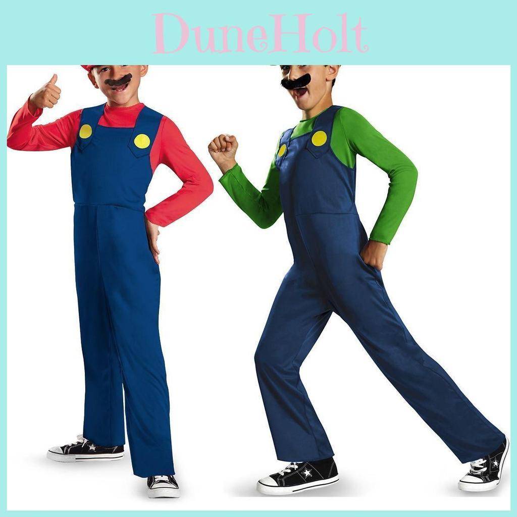 Super Mario Bros Luigi Cosplay-dräkt För Barn Och Vuxna Andningsbar Och Bekväm Helkropps Tecknad Klänning 120-130cm blue