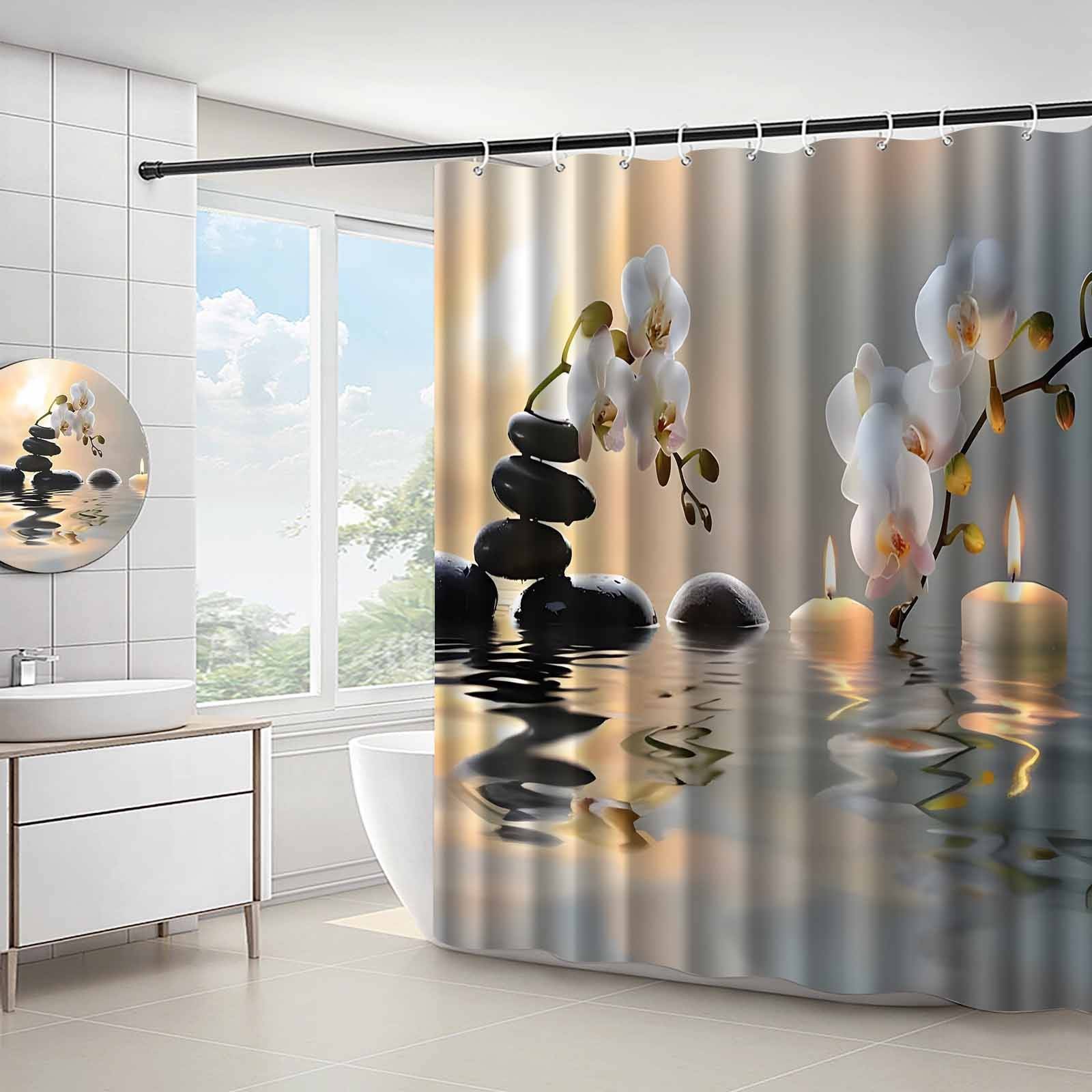 JIT1pcs Zen Orchid Stone Candle Pattern Shower Curtain, High end Elegant Bathroom Curtain Shower Curtain, Shower Curtain Home De