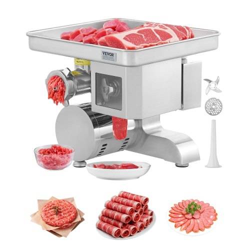 VEVOR Meat Grinder, 11 Lbs/Min Electric Meat Grinder, Slicer, Sausage Stuffer with Blade, Grinding Plate, Sausage Maker, Stainless Steel Commercial Meat Mincer for Slice Shred Dice, Restaurant Butcher