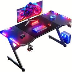 TEMU Gaming Table With Led, Gaming Desk 160 X 60cm, Sturdy Computer Desk With Carbon Fibre Coating, Gamer Table With Cup Holder And Headphone Hook, Black