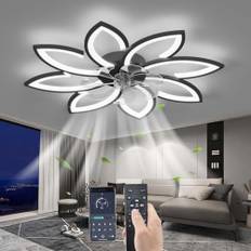 Stänga av Takfläkt med ljus med fjärrkontroll, LED Dimbar Fläkt Taklampa, Modern Takfläkt Belysning för vardagsrum Sovrum Kontor, Justerbar 6 hastigheter, Svart 90CM