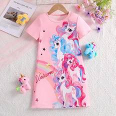 Ung flicka Söt Unicorn Rainbow Star & Letter Print Kortärmad nattlinne - Rosa (6Y,7Y,4Y,5Y)