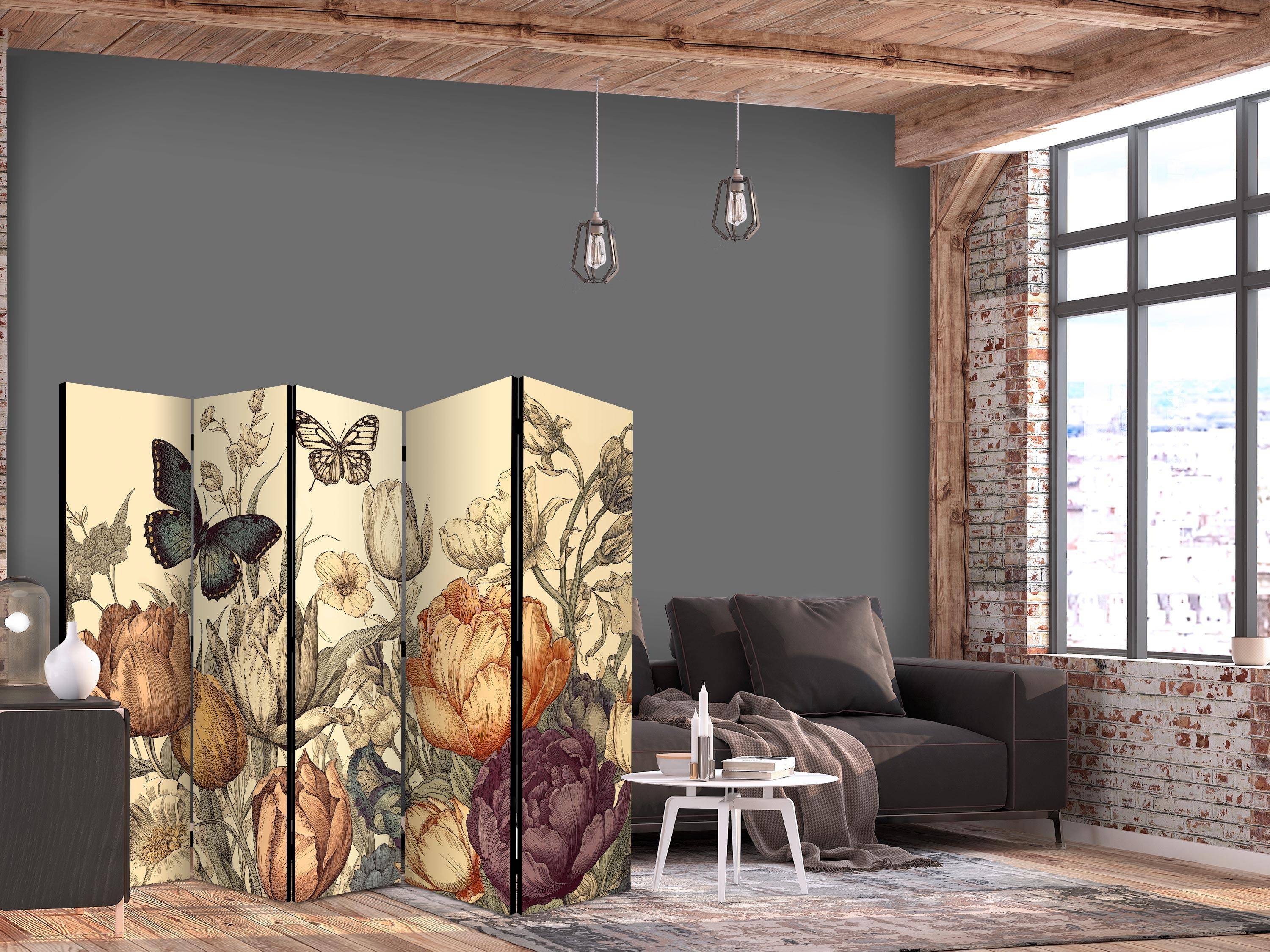 Skærmvæg med blomster og sommerfugle - Tulipaner i creme, 5 paneler - 225 x 172 cm - Akustik