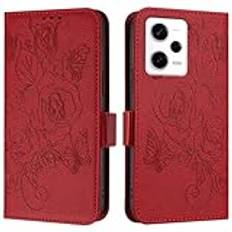 JZ Note 12 Pro 5G Konstläder Flip Cover Plånbok Fall [Rose][Wrist & Shoulder Strap][Card Holder][Kickstand] För Redmi Note 12 Pro 5G / Poco X5 Pro Case - Red