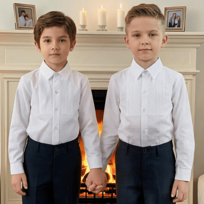 Pojkskjorta med plisserad krage och knäppning, långärmad skjorta för barn, skoluniform, topp för vardag och formella tillfällen, mångsidig barnskjorta - Vitt (6Y,7Y,8Y,10Y,4Y,5Y,2-3Y)