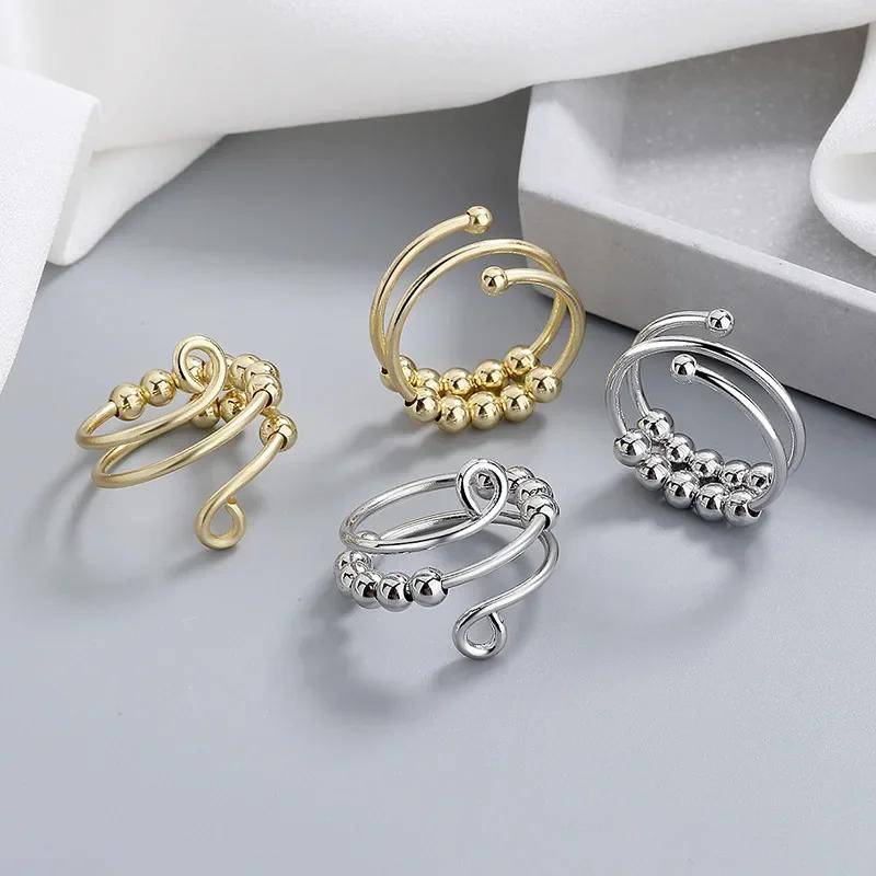 Regnbågspärlor Ångestring för Kvinnor Roterar Fritt Anti Stress Justerbar Spinner Fidget Ring Bohemiska Smycken Julklappar black