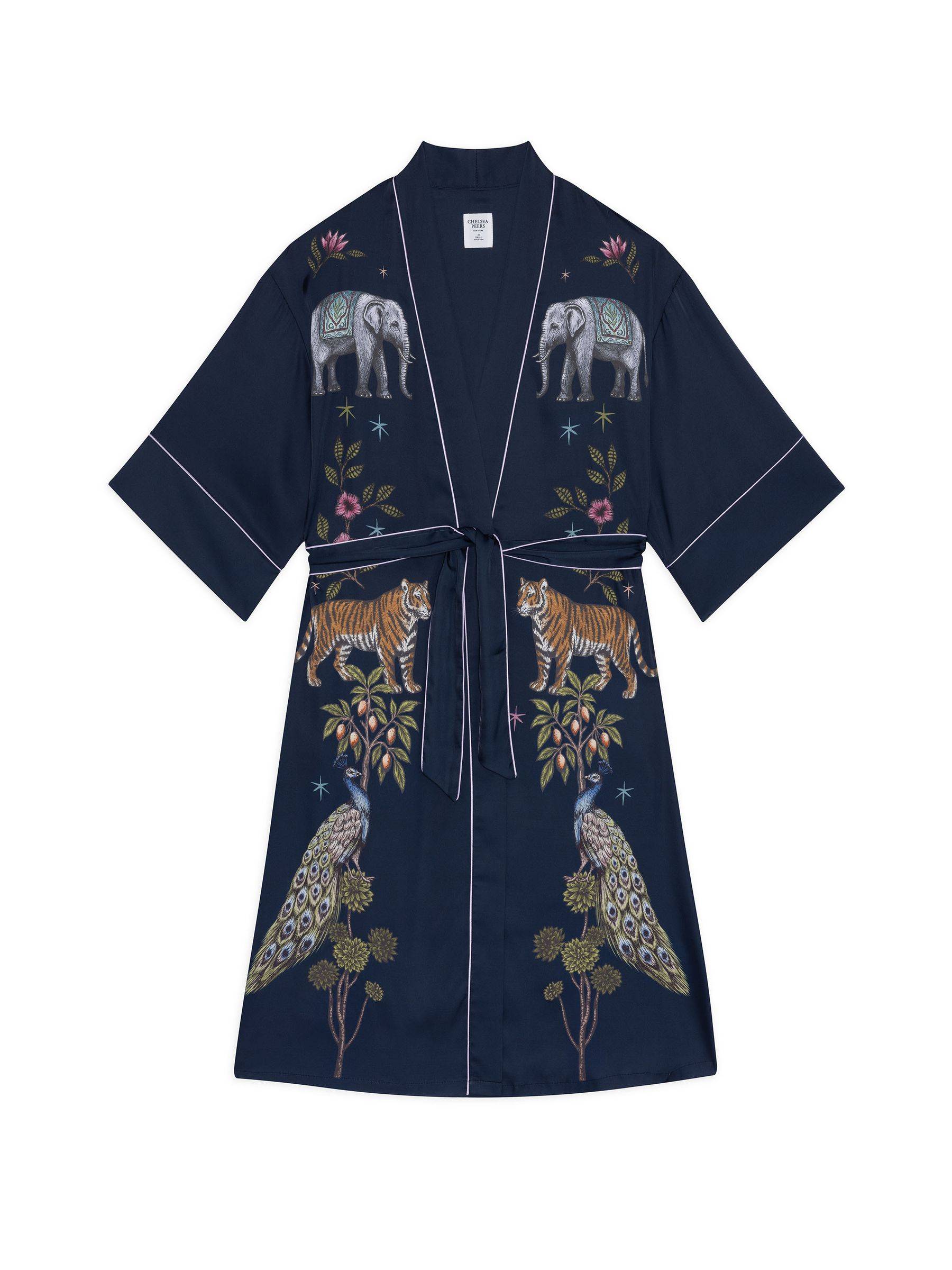 Chelsea Peers Chelsea Peers satin kimono morgenkåbe med måneskin og safari-tryk - EU 42 (UK 14)
