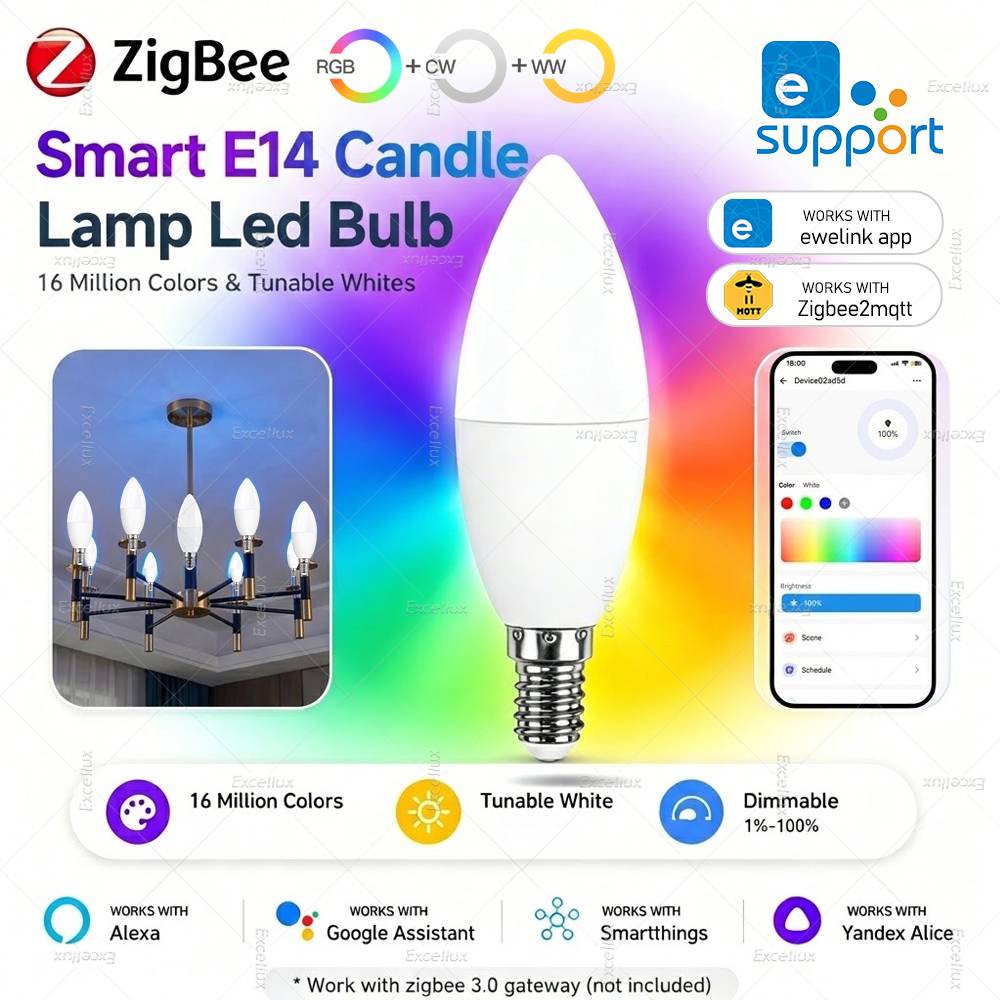 Smart Zigbee E14 Led Bulb Candle Light Bulbs Dimmable RGBCW Lamp EWelink App Control Works With Alexa Google Home Yandex Alice