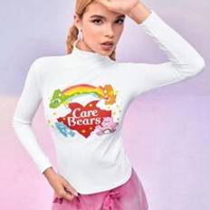 White High Neck Long-Sleeved Bottoming Shirt, T-Shirt, Rainbow Pattern, Cute And Sweet Style, Tenderheart Bear, Cheer Bear, Good Luck Bear, Bedtime Bear, Fall And Winter