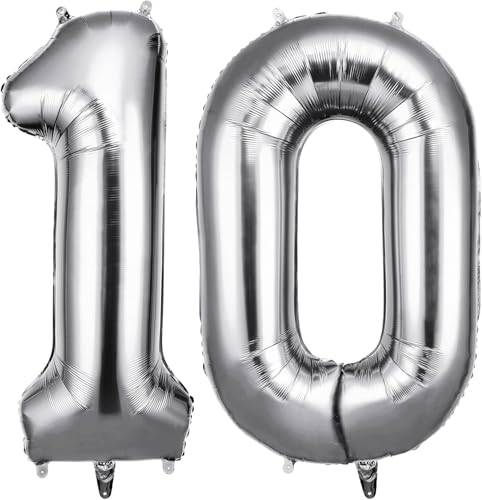 OFFCUP Silver Zahl Luftballong 10, Gigantisk folieballong 10, 100 cm (40 tum)
