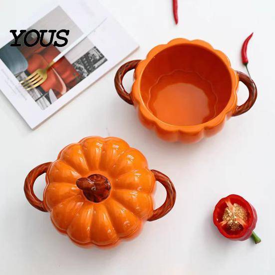 Isolerad Dubbelhandtagsgryta Dutch Oven med Lock, Pumpa Keramik Dessertkastrull, Dubbelhandtag Mini Modern Keramisk Soppskål Ugnsform, orange