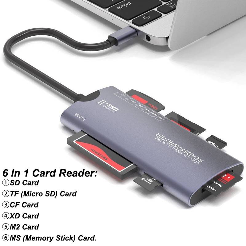 6 In 1 USB Type-C Card Reader SD TF CF MS XD M2 Memory Card Reader 480Mbps Adapter for iPhone 15 16 17 Laptop PC