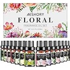 AESHORY Blommiga Eteriska Oljor Set 14 x 5ML, Aroma Diffuser Olja Gift Set, 100% Naturlig Aromaterapi Doftoljor för Diffusorer, Luftfuktare, SPA, Massage - Ros, Jasmin, Lavendel, Kamomill, Vitt Te