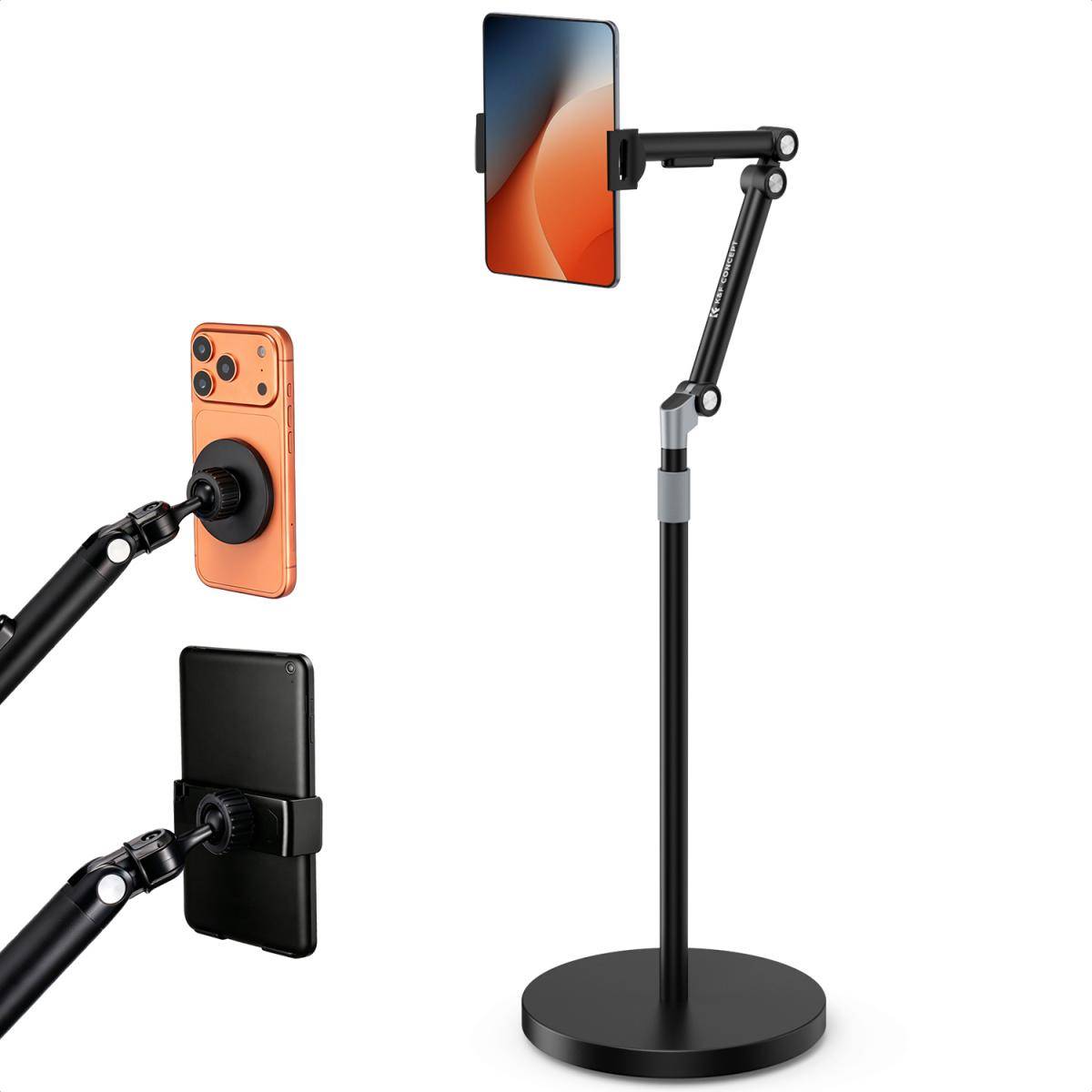 KENTFAITH K&F CONCEPT Universal Floor Tablet Stand and Phone Holder with 2.89kg Weighted Base, Includes Magnetic Head, Tablet & Phone Clamps, 1.6m Adjustable Lazy Arm for Bed Sofa, Compatible with iPad, iPhone