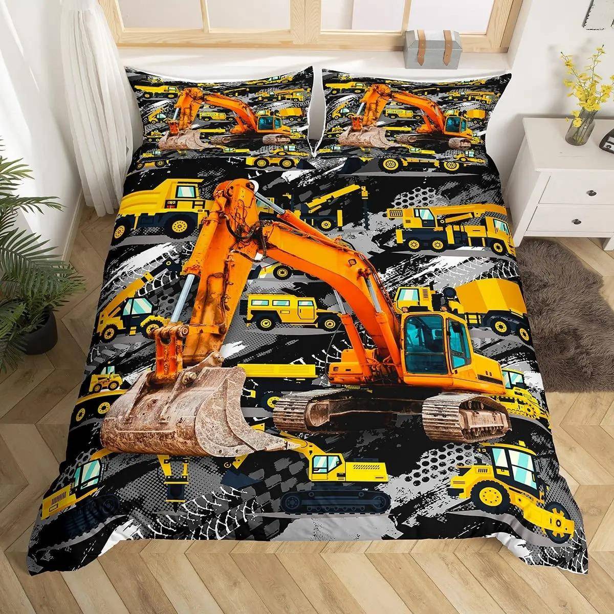 Grävmaskin Kung Drottning Påslakan Tecknad Byggbil Sängklädesset för Barn Pojkar Flickor Traktor 2/3 st Polyester Täcke