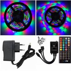 5 meter, 12 volt, 24 watt, IP65, 300 LED, VANDTÆT RGB LED strip - KOMPLET SÆT - Strip + Stor musik controller 2 udgange + strømforsyning
