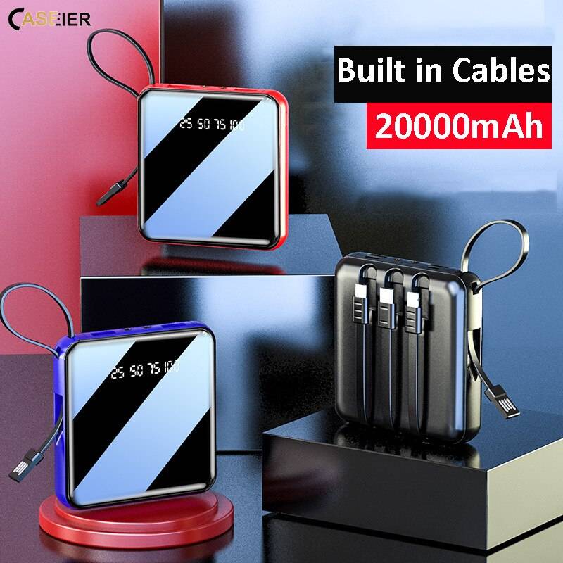 Caseier mini power bank inbyggd in 4 kabel 20000 mah bärbar extern batteriladdare powerbank för xiaomi samsung iphone led bank
