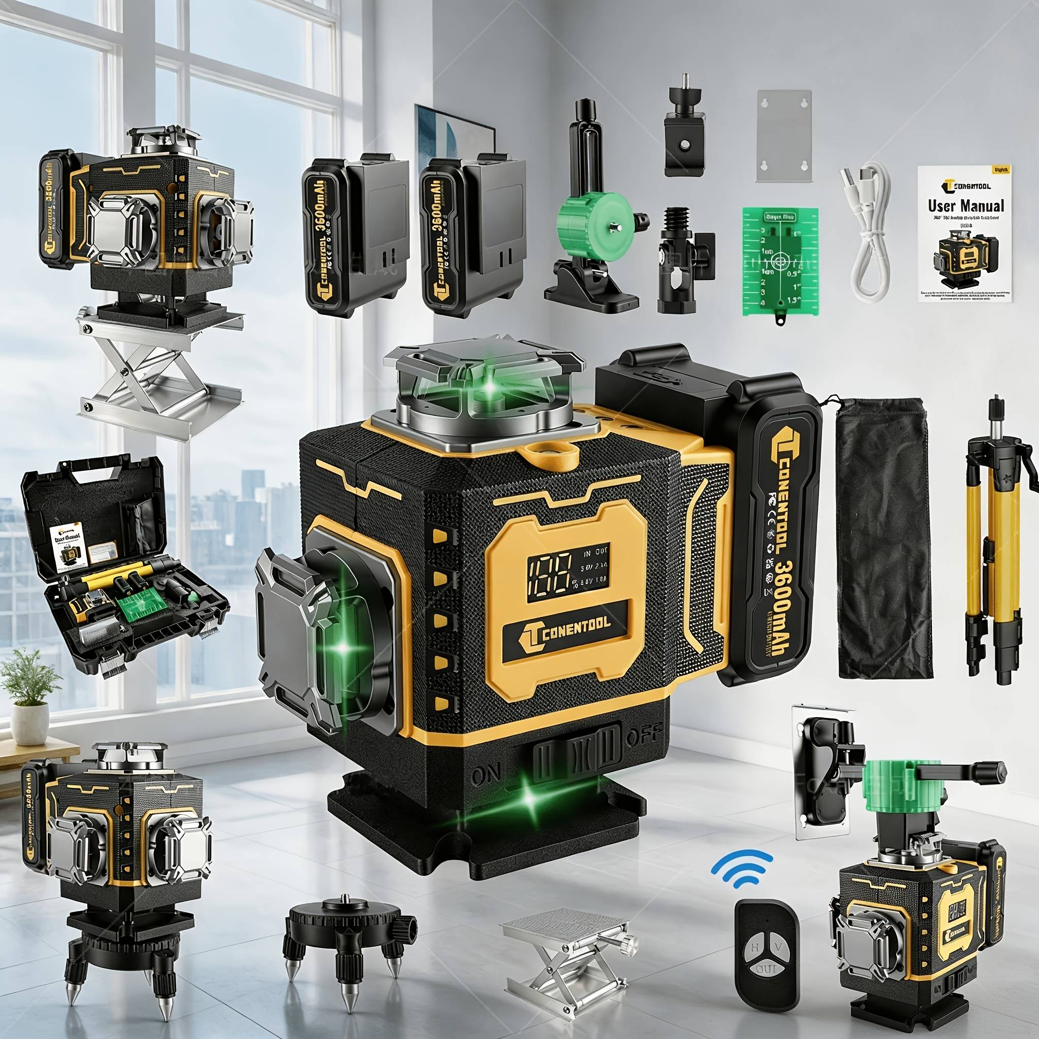 16-line 4d Green Beam Laser Level ( Digital Display), Dual-battery Setup For Extended , Professional 4x360° Cross-line Laser Level Kit, Includes Fabric Bag Or Plastic Case.