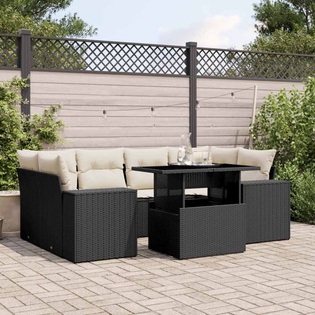 Sofasæt Til Haven 7 Dele Med Hynder Polyrattan - Sort og cremefarvet / uden opbevaring