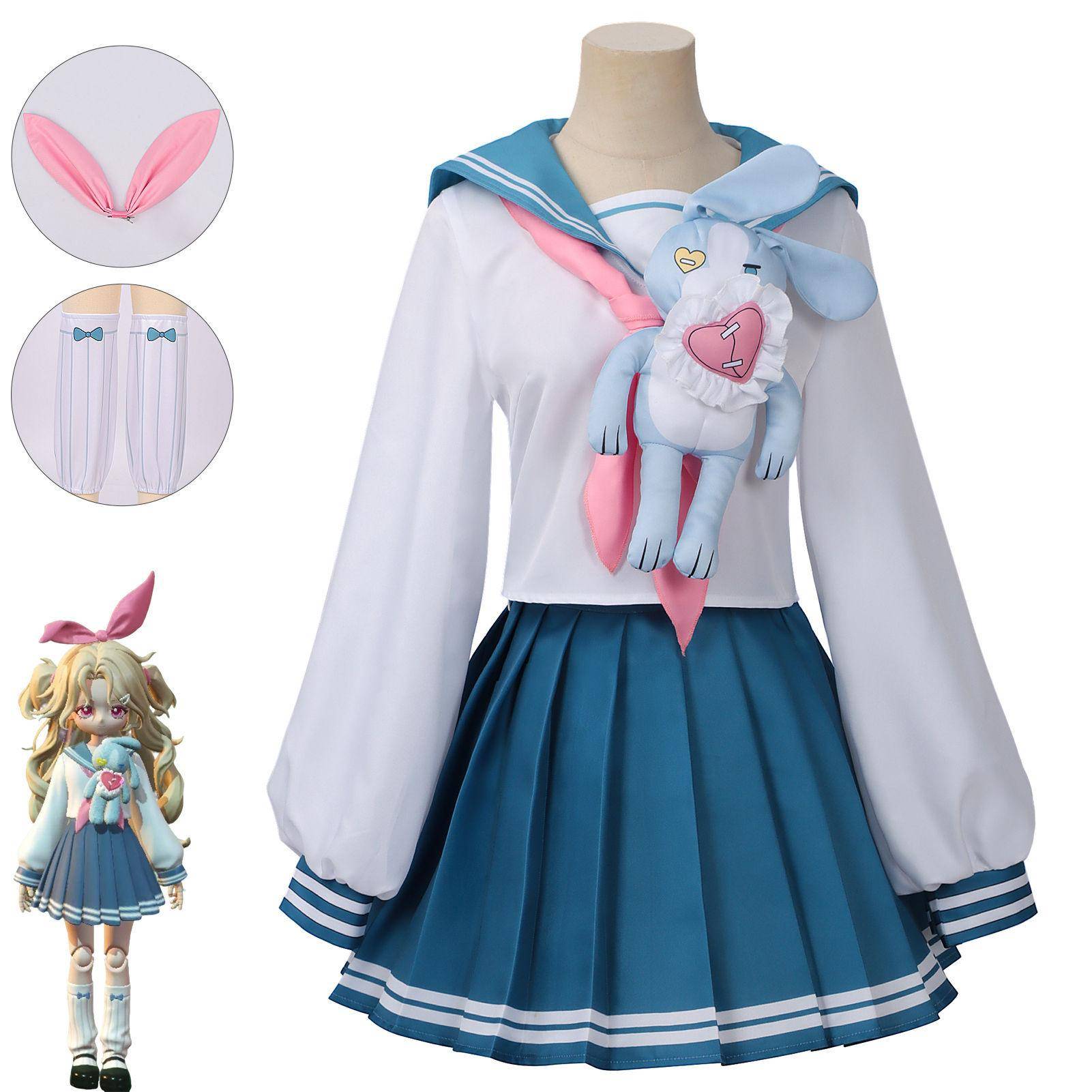 Söt Kanin Sjöman JK Cosplay Kostym, Blå Vit Uniform med Gosedjur Kanin för Halloweenfest & Anime Cosplay cm