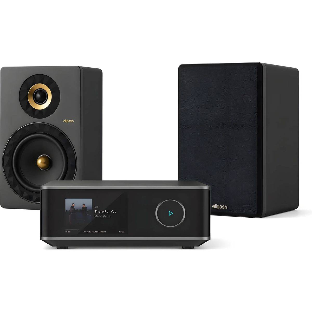 WiiM + Elipson Prestige Facet II 8B matt svart/guld + Amp Ultra rymdgrå