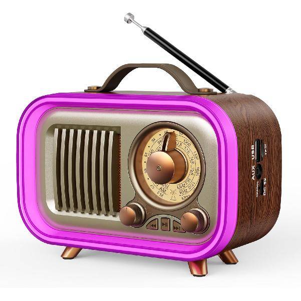 Retro Vintage Radio med Bluetooth, AM/FM/SW Bärbar Radio med USB/TF-uppspelning, 2000mAh Uppladdningsbart Batteri Typ-C, RGB-ljus Retro Trädesign