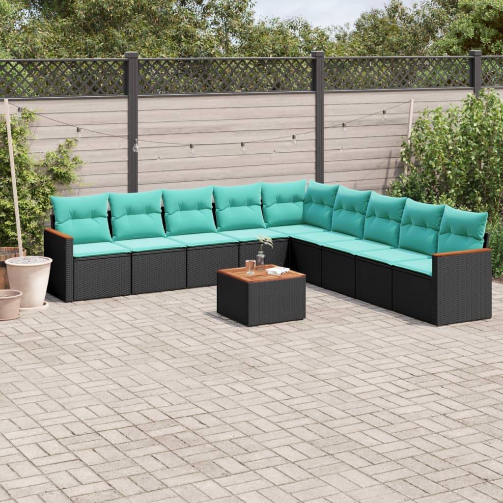 vidaXL havesofasæt med 10 hynder sort polyrattan