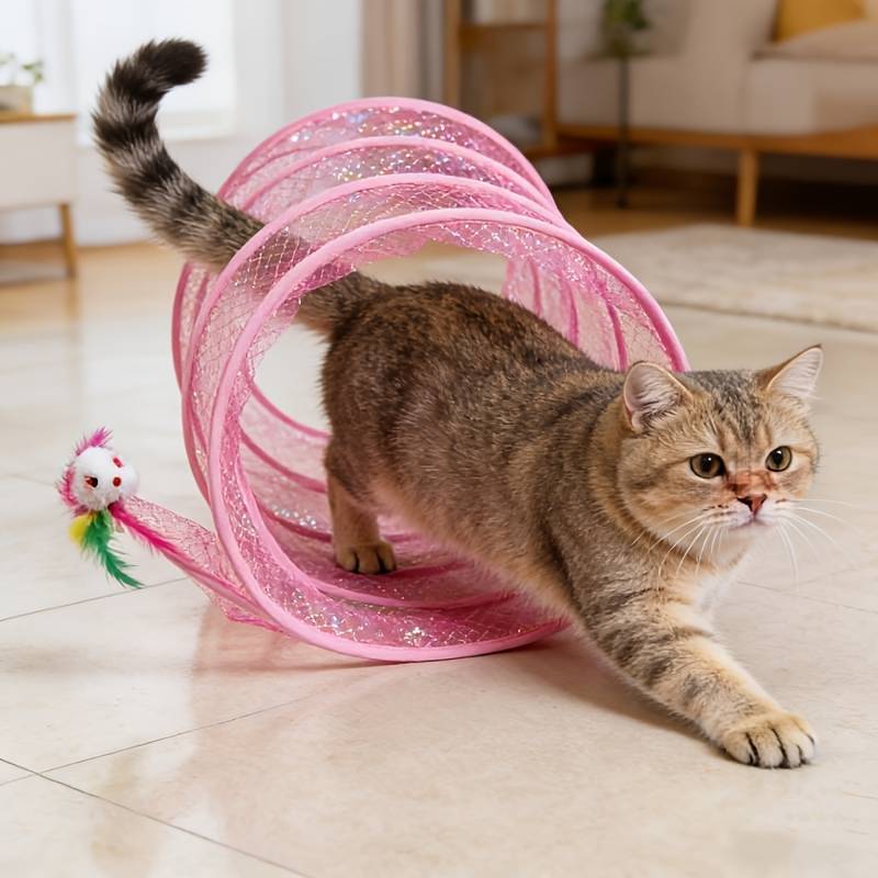 Interactive Cat Tunnel, A Fun Play Tunnel Designed For Cats, Featuring Simulated Nylon Feathers And A Bell To Their For , Stimulating Pet Activity For Indoor Cats And Kittens. Suitable For Floor