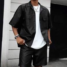 PU Herr Skjorta Co-ords Tvådelad Set För Herr Tvådelad Set Herr Skjorta Och Shorts Set För Herr Tvådelad Herr Set Herr 2 Delar Set - Svart (L,M,S,XL)